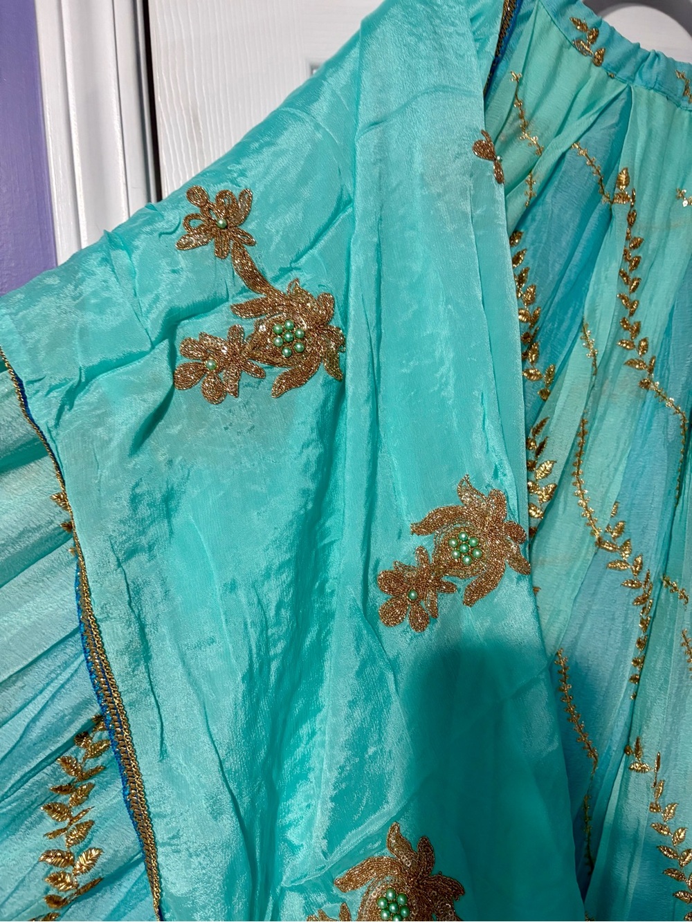 Turquoise Embroidered Women's Dress with Gold Accents